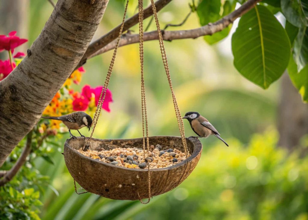 Coconut shell bird feeder hanging from tree, small birds perched, tropical backyard setting”