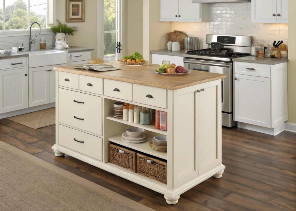 Compact kitchen island with storage and workspace in a small kitchen