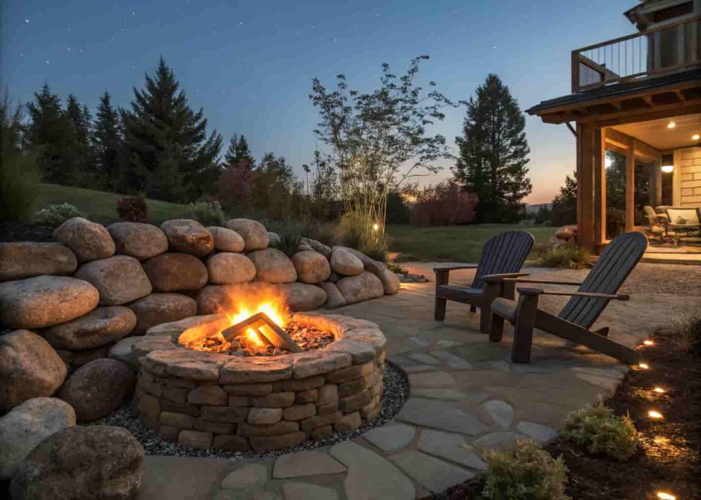A rustic outdoor fire pit surrounded by stacked river rocks with warm glowing fire, patio chairs nearby, evening ambiance, realistic backyard photography
