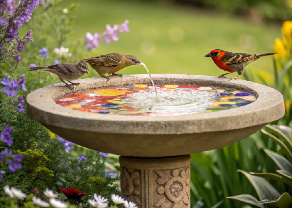 Concrete bird bath with colorful mosaic design, birds drinking, garden with flowers, artistic outdoor setup."