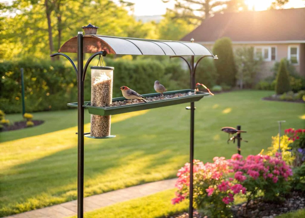 Horizontal gutter bird feeder mounted on poles, multiple small birds feeding, sunny garden backyard”