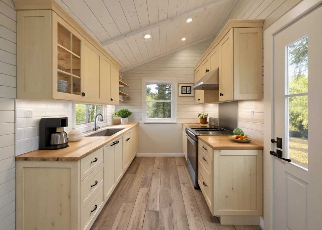 Small kitchen with light wood flooring and bright interior