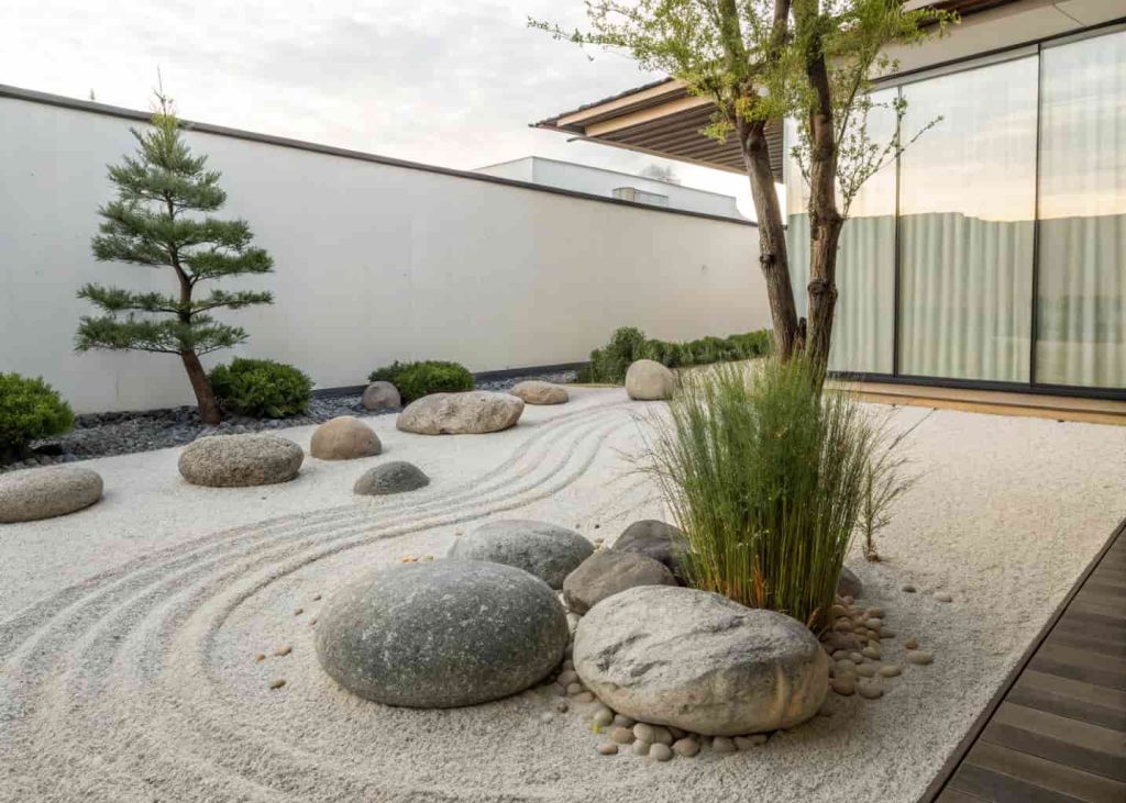 A minimalist zen garden with raked gravel, smooth large river rocks arranged in groups, a small ornamental grass plant, peaceful and serene outdoor setting, realistic daylight photo