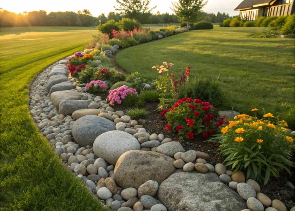 Classic river rock bordered flower bed with smooth grey stones lining the edge of a colorful garden on a green lawn