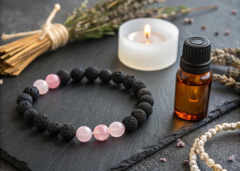Black lava stone aromatherapy bracelet with rose quartz beads next to essential oil bottle on dark slate