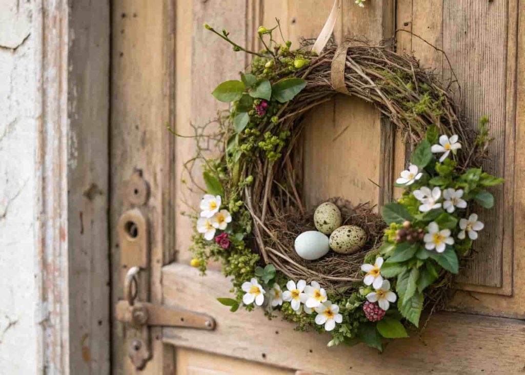 A bird nest wreath with small faux eggs, spring flowers, and green leaves on a rustic wooden door.