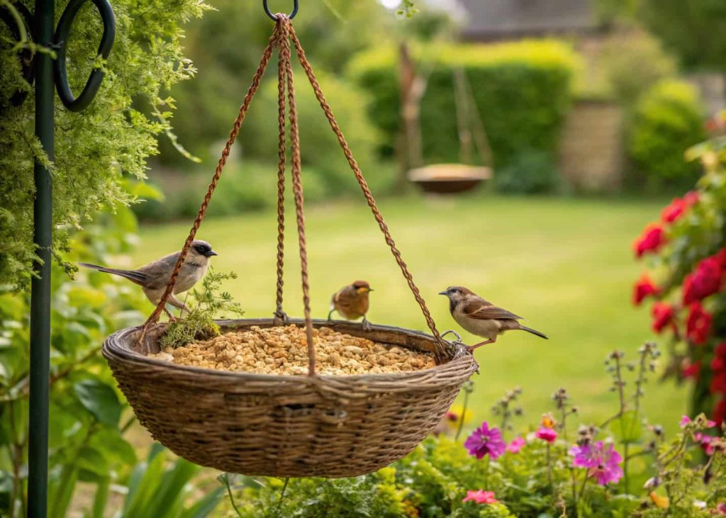 Hanging basket bird feeder filled with seeds, small birds eating, backyard garden scene”