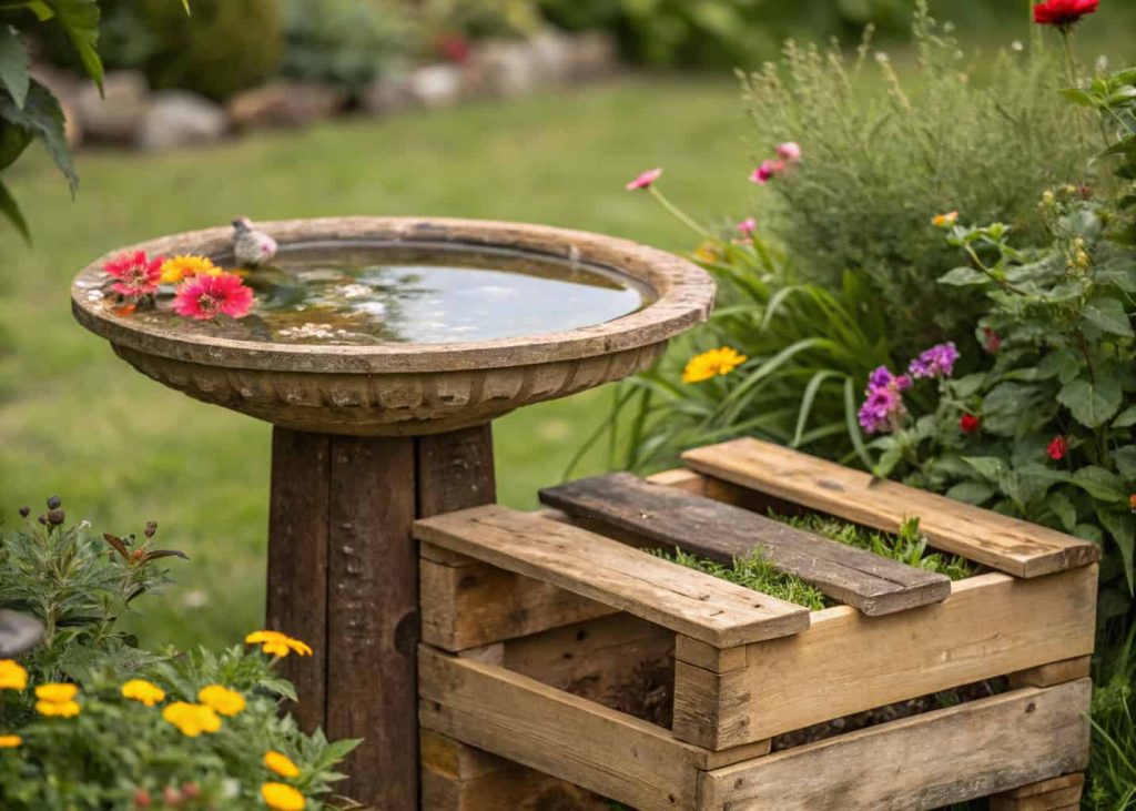 Recycled wooden pallet bird bath in garden, shallow basin filled with water, surrounded by flowers, rustic style."