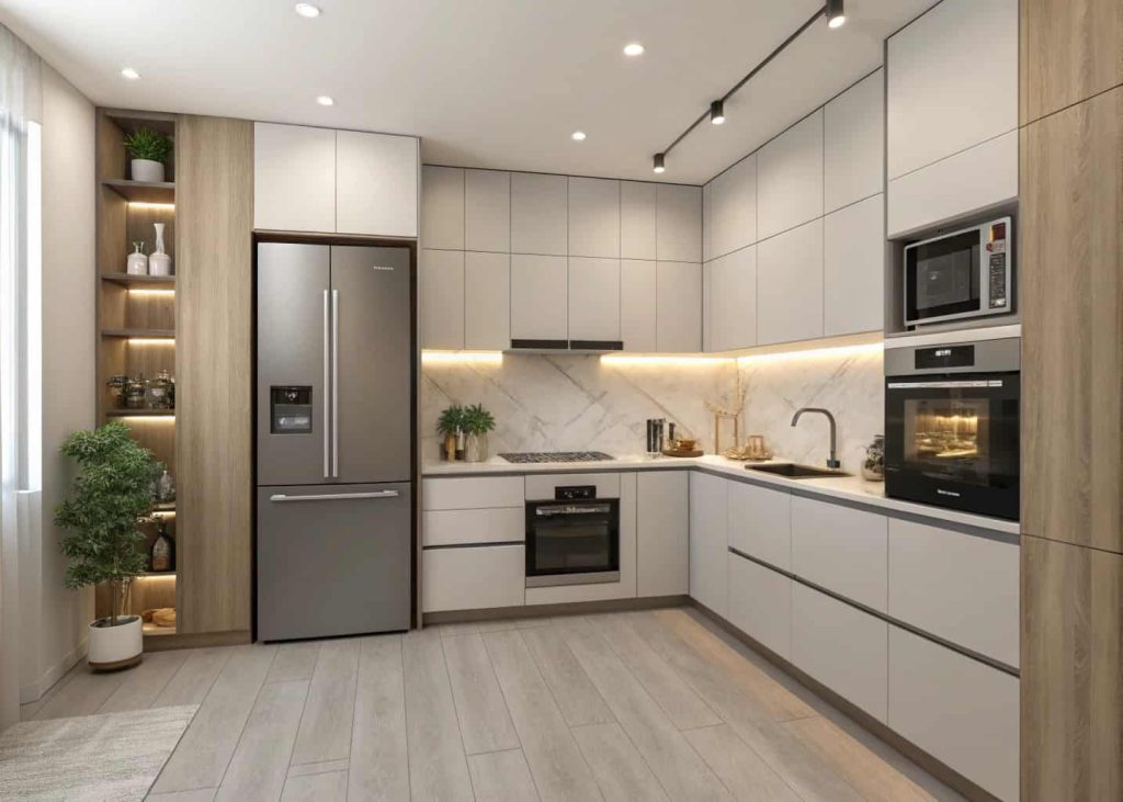 Small kitchen with sleek built-in appliances integrated into cabinets