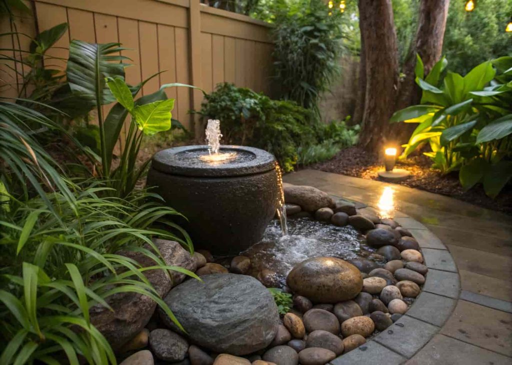 A small backyard water fountain feature with water bubbling up through smooth river rocks, surrounded by lush green plants, peaceful garden setting, realistic photo