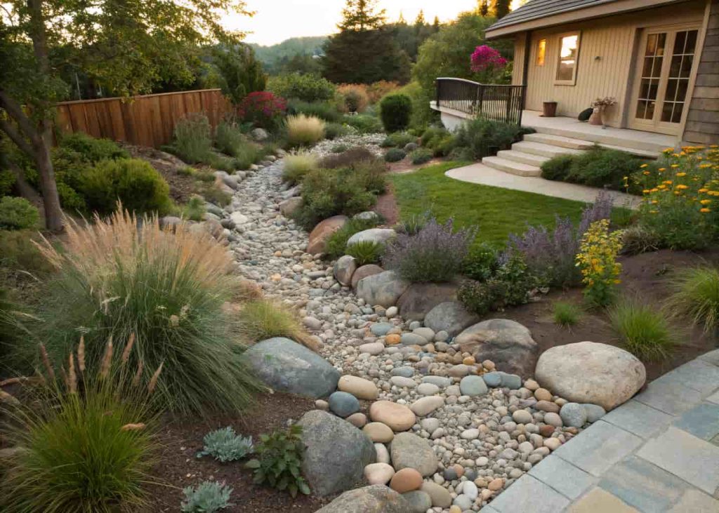 Dry creek bed design using river rocks winding through a home garden with ornamental grasses planted on both sides