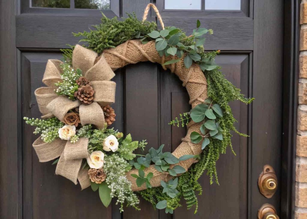 A farmhouse wreath with burlap, greenery, small flowers, and wooden details on a dark wooden door.
