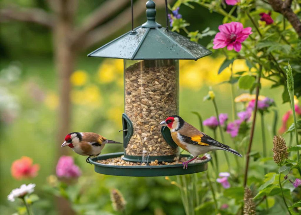 Bird feeder with small perches, colorful birds eating, lush garden background”