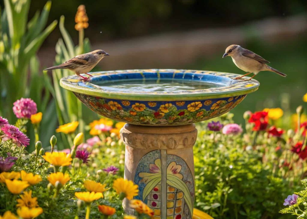 Glazed ceramic bird bath with colorful patterns, small birds drinking, surrounded by garden flowers, sunny day."