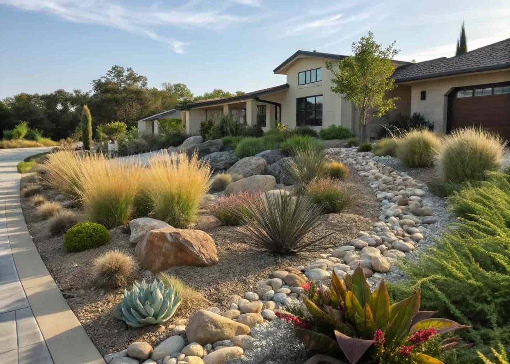 A xeriscape front yard with river rock ground cover, drought-tolerant succulents and ornamental grasses, modern home background, bright sunny day, realistic landscape photography