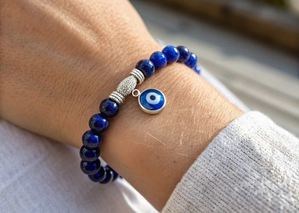 Cobalt blue evil eye bead bracelet with glass evil eye focal bead worn on a wrist