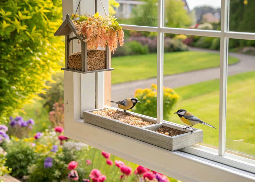 Window box bird feeder outside window, small birds feeding, bright garden scenery