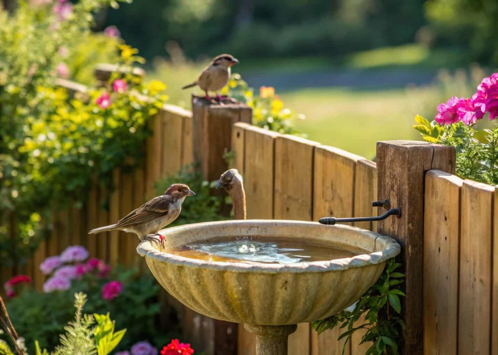 Wall-mounted bird bath on wooden fence, birds perched drinking water, garden plants around, bright outdoor scene."