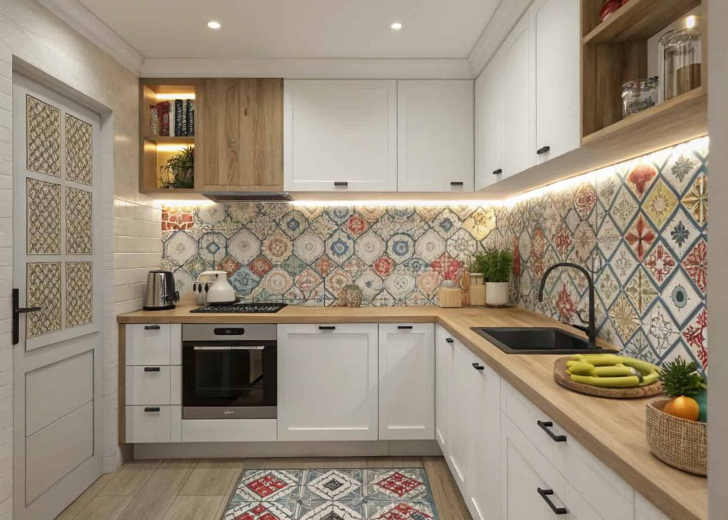 Small kitchen with stylish patterned backsplash tiles