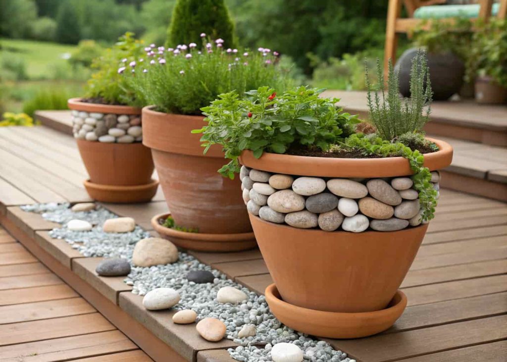 Terracotta garden pots decorated with smooth river rocks glued on the outside, filled with green herbs and small flowers, placed on a wooden patio deck, realistic photo