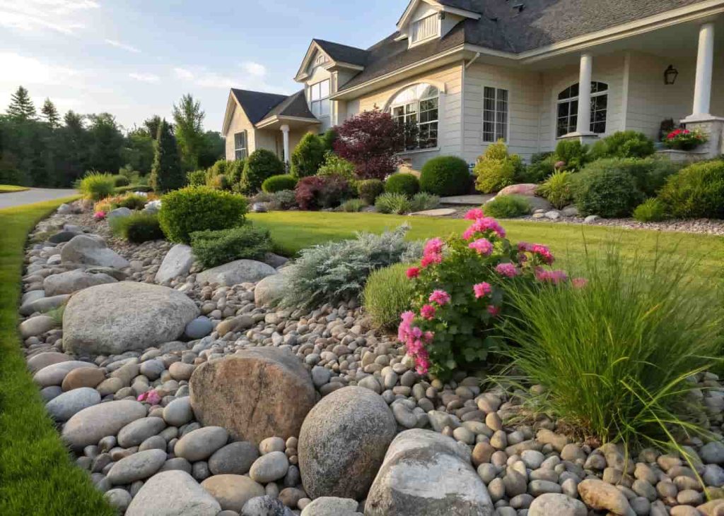 Flower bed using river rocks as mulch replacement with shrubs and perennial plants growing through stone ground cover in a suburban yard