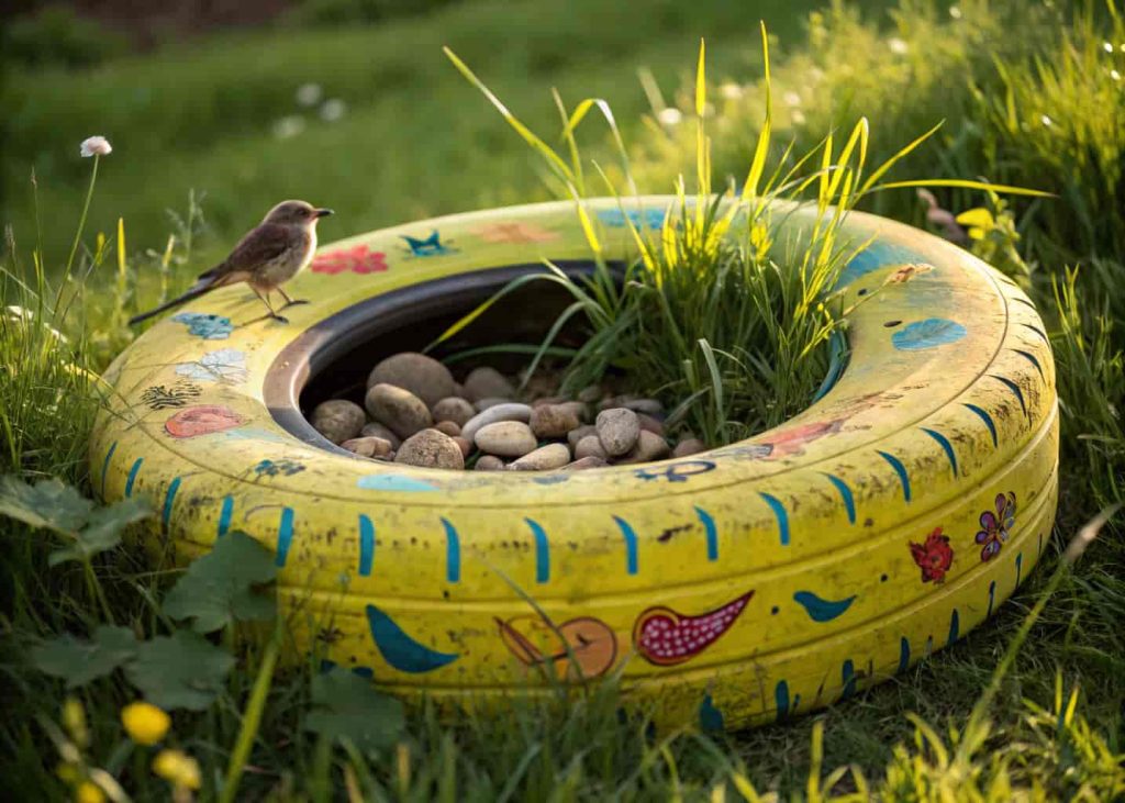 Painted tire turned into a bird bath with pebbles inside, surrounded by grass.