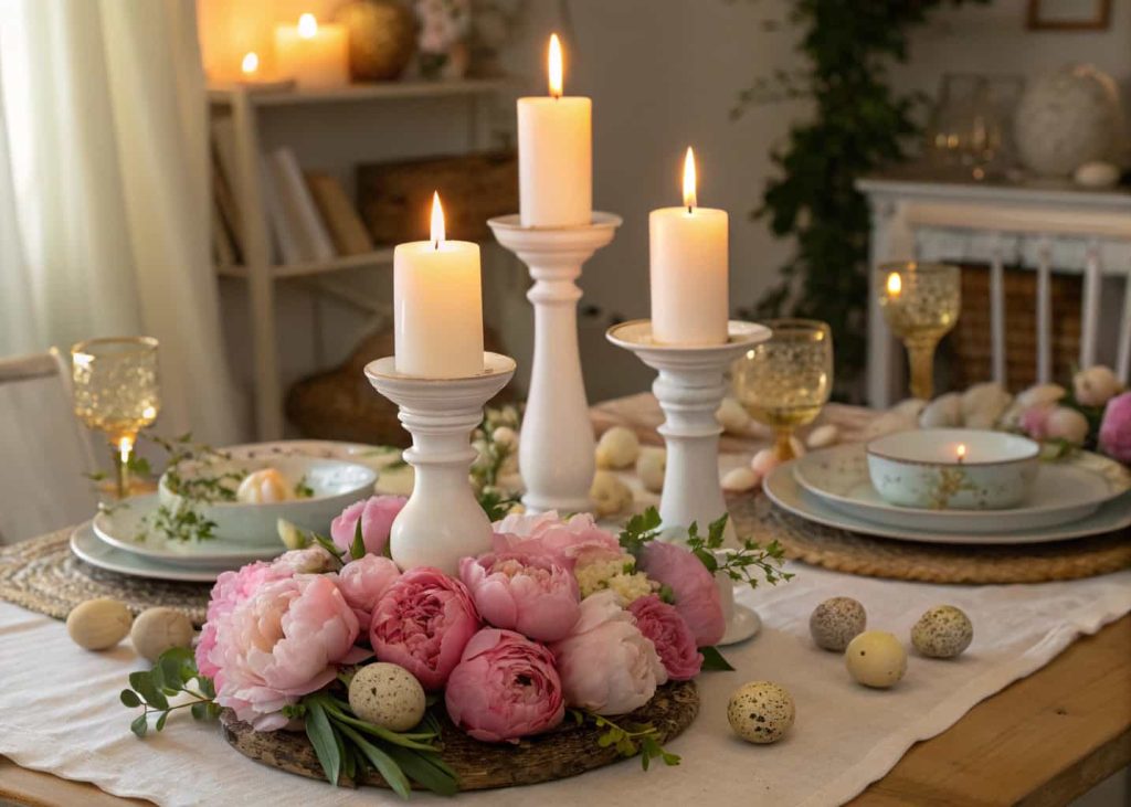 White candlesticks surrounded by pink peonies and small Easter eggs on a dinner table, soft candlelight glowing in the evening, elegant Easter table decor, warm golden tones