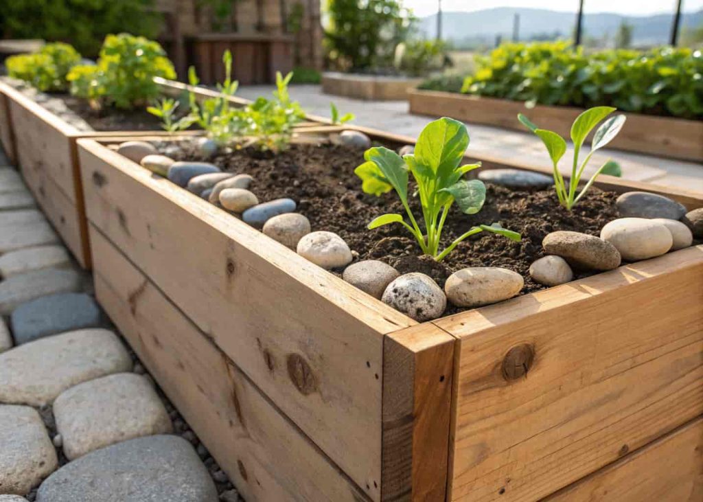 A raised wooden garden bed with visible river rocks at the bottom layer and fresh soil on top with vegetable seedlings, close-up realistic garden photo, bright natural light