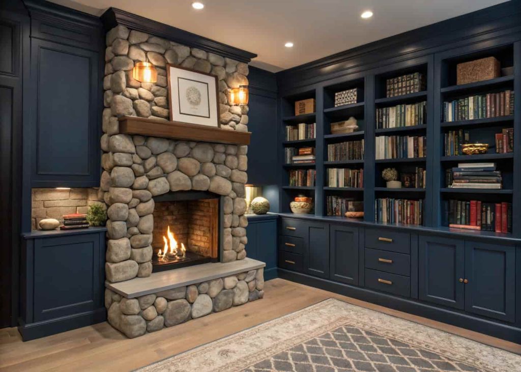 River rock fireplace with deep navy built-in bookshelves on both sides filled with books and decorative objects, warm fire glowing in the stone hearth