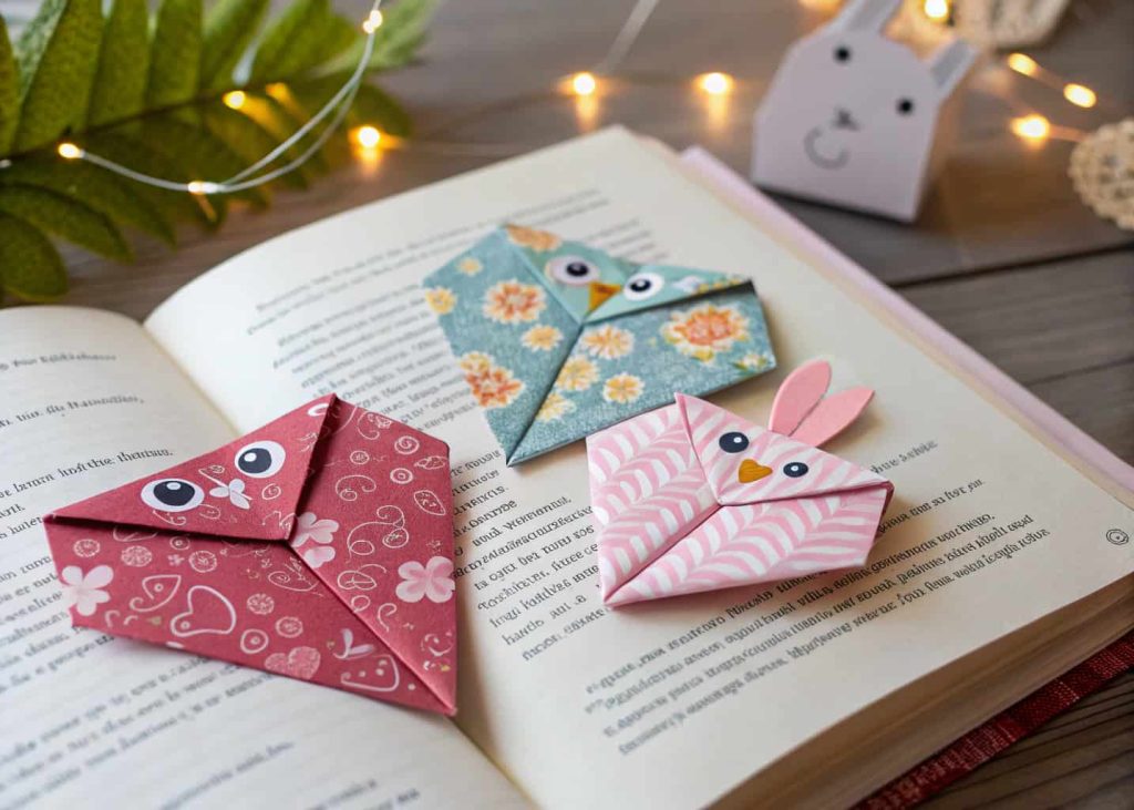 Colorful origami corner bookmarks shaped like animals and hearts placed on open book pages.