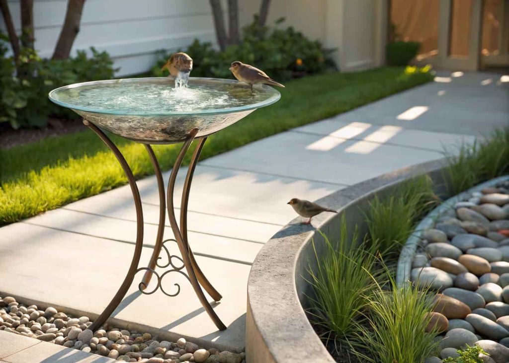 Glass bird bath bowl on metal stand, reflecting sunlight, small birds drinking, modern garden setup."