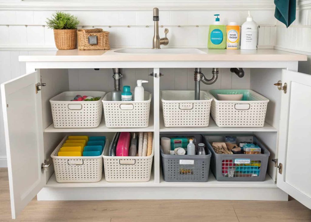 Organized under-sink storage with baskets and shelves