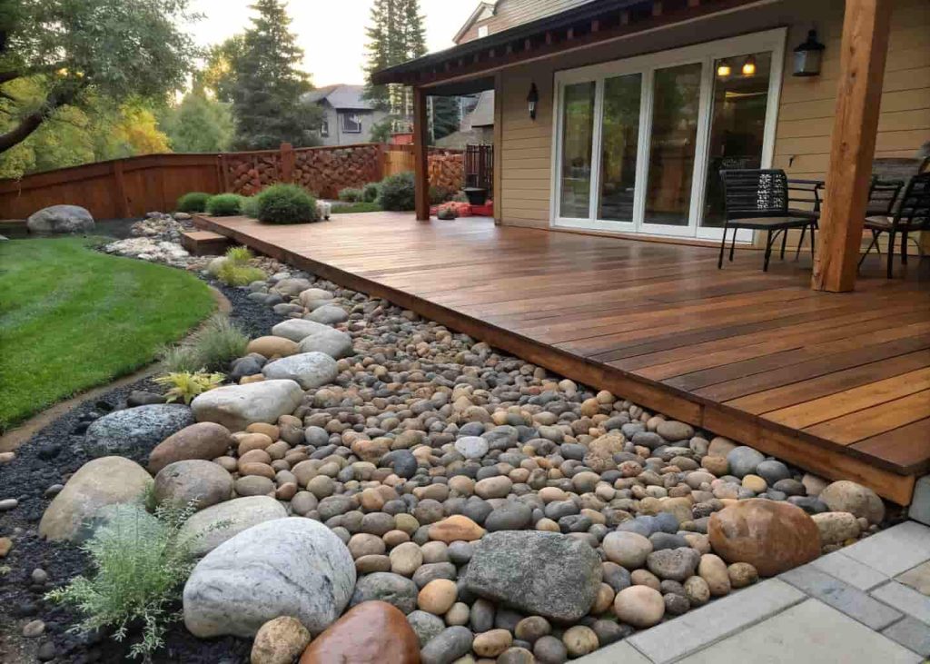 Clean river rock ground cover underneath a wooden backyard deck, landscape fabric visible at edges, tidy and neat appearance, realistic outdoor photography