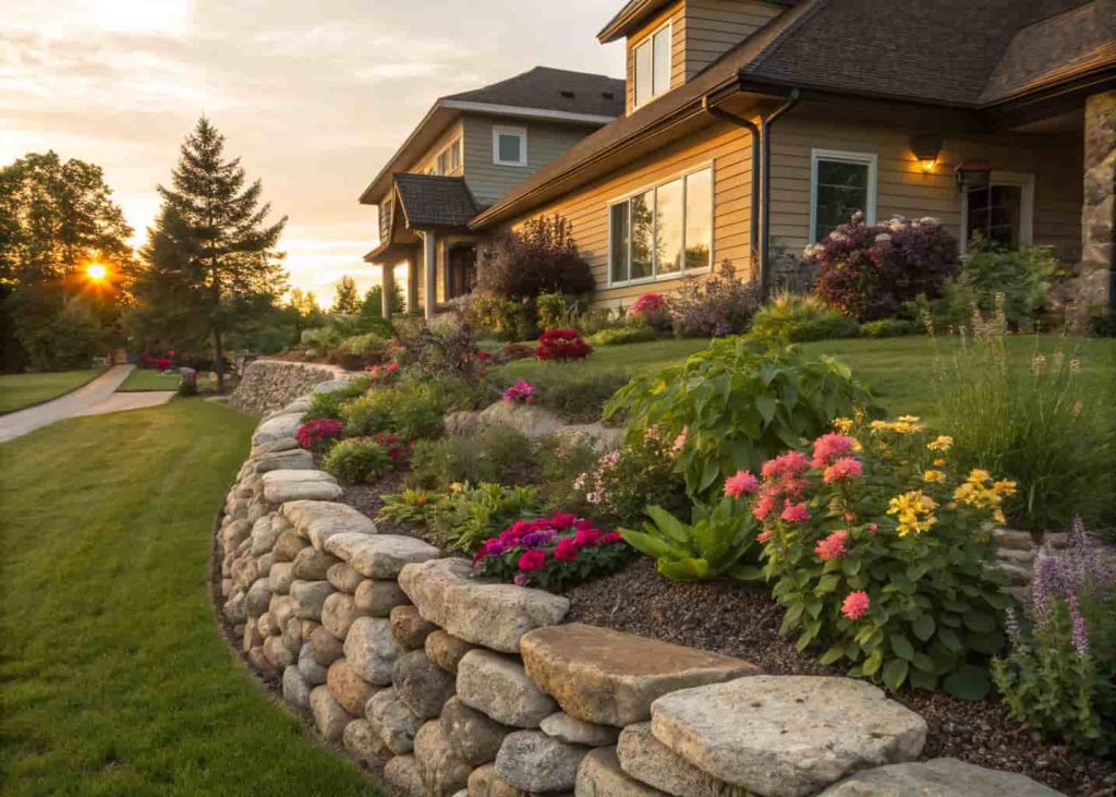 Raised flower bed built with stacked river rocks forming a natural stone retaining wall filled with blooming plants in a home yard