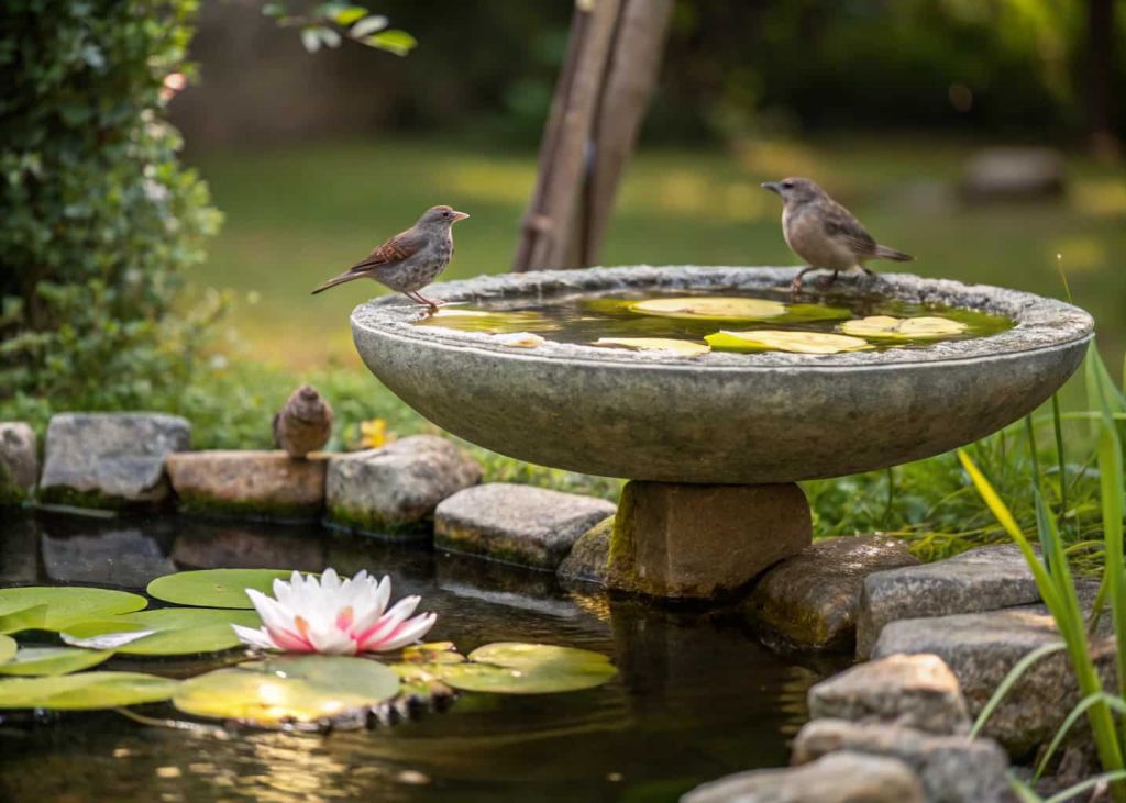 Floating bird bath in a garden pond, small birds perched on stones, lily pads around, serene outdoor scene."