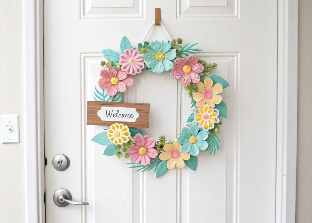 A bright, floral spring door hanger on a white front door with pastel-colored flowers and a small welcome sign.
