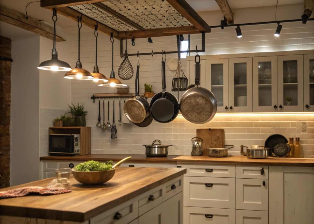 Kitchen with ceiling hooks holding pots and pans