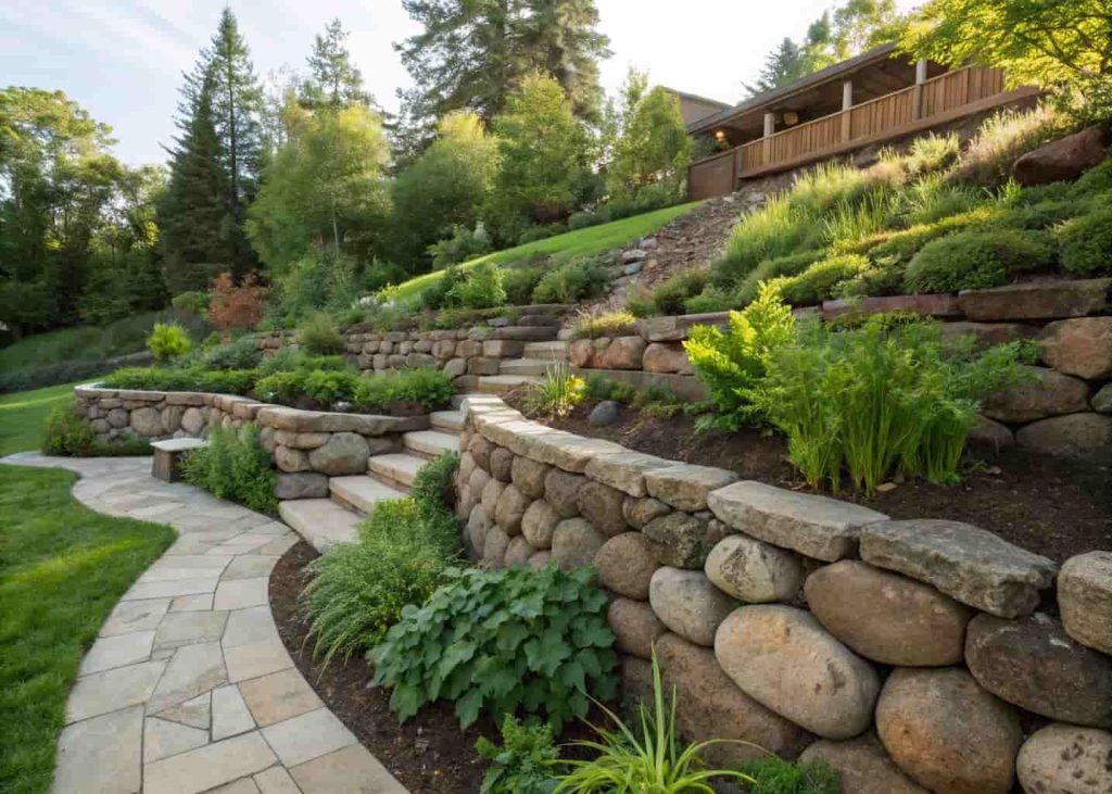 A low stacked river rock retaining wall on a garden slope with green plants growing between the rocks, terraced garden beds above, realistic outdoor photo in natural light