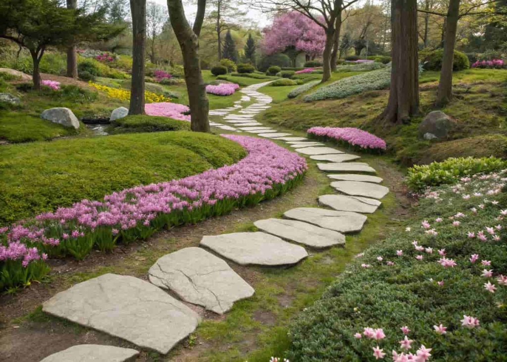 Winding river rock stepping stone path through a colorful flower bed garden viewed from slightly above