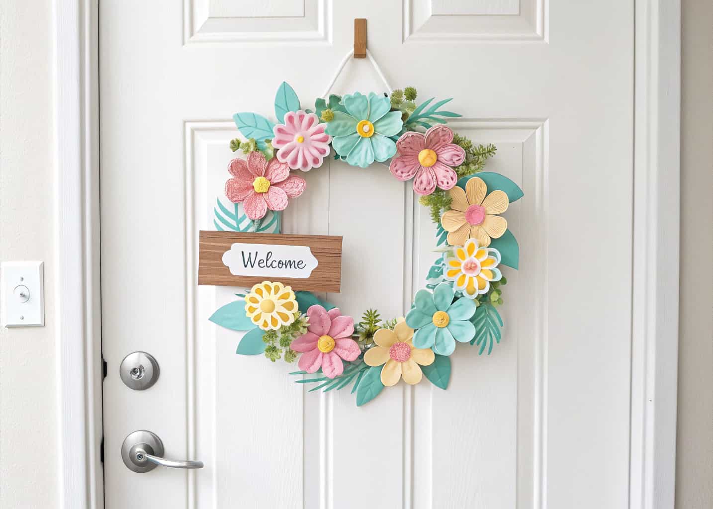 A bright, floral spring door hanger on a white front door with pastel-colored flowers and a small welcome sign.