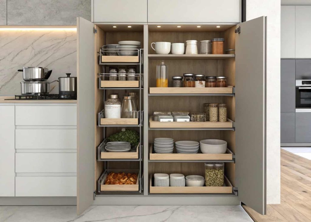Cabinet with sliding shelves fully extended showing organized items