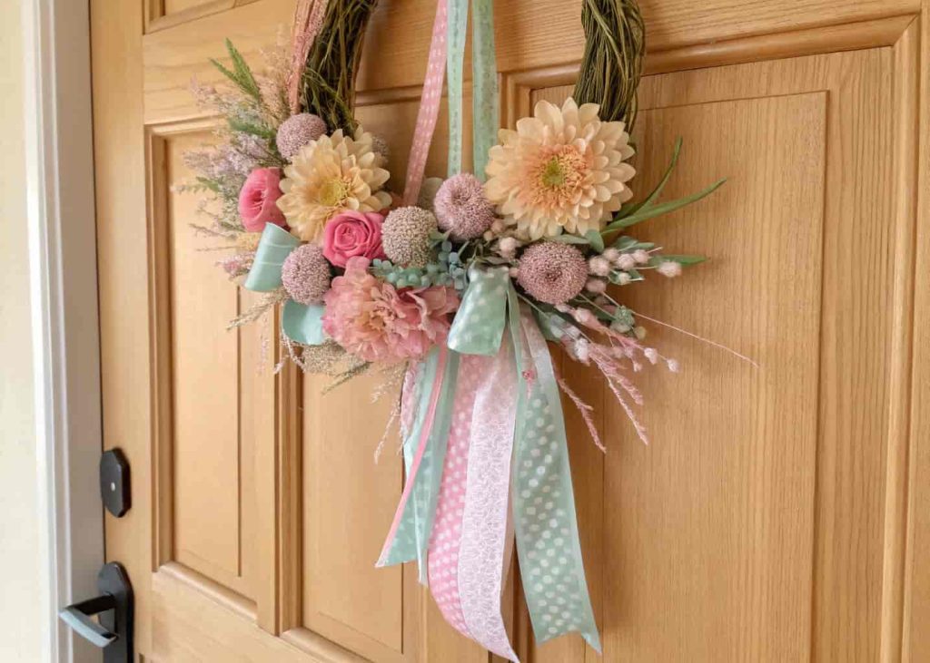 Close-up of a pastel-colored spring door hanger with ribbons and textured flowers on a wooden door.
