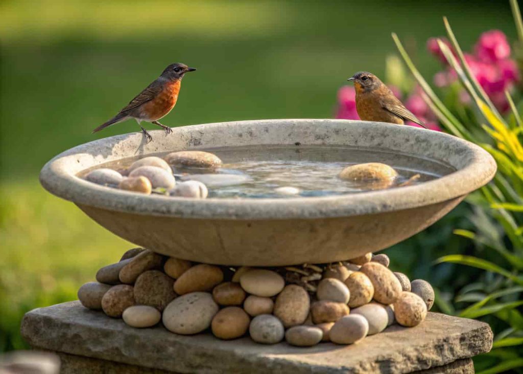 A concrete bird bath surrounded by smooth round river rocks at its base, birds perched on the edge, green garden background with flowers, realistic daylight photo