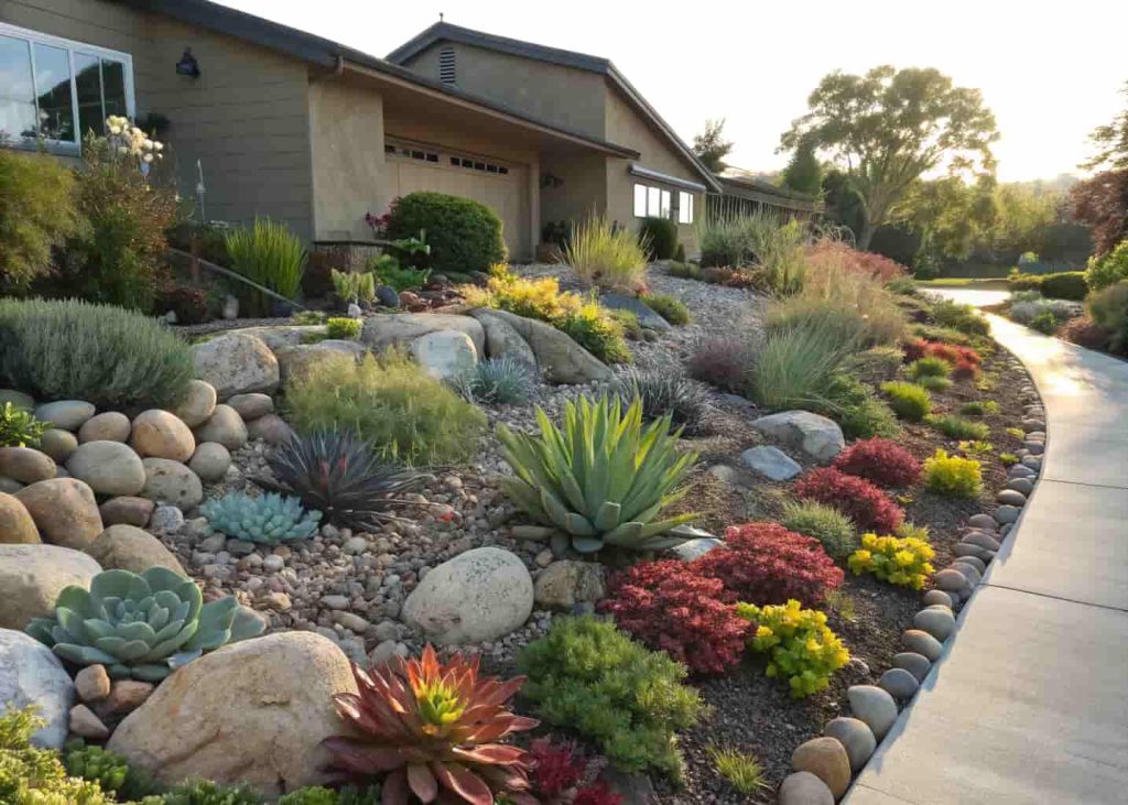 Rock garden flower bed with river rocks and succulent plants including agave and sedum in a sunny residential yard