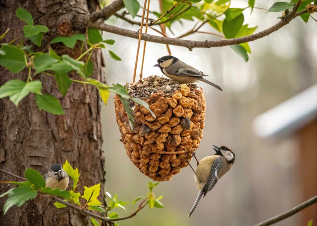 Homemade pinecone bird feeder covered in peanut butter and seeds, hanging from tree branch, small birds eating.”