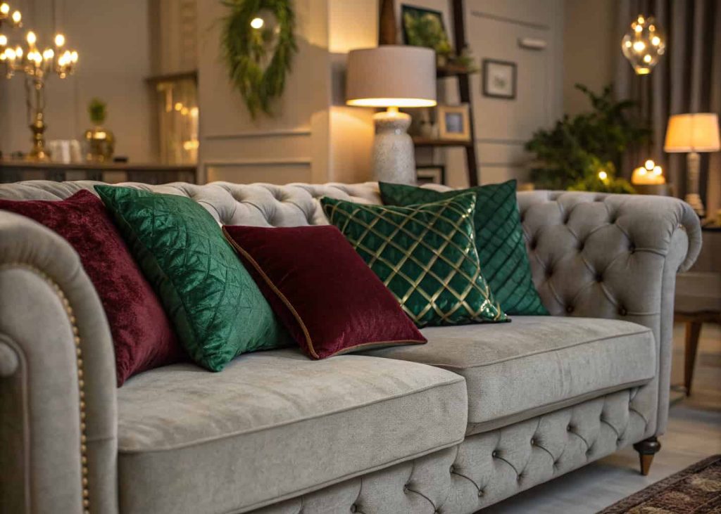 A plush grey sofa with emerald green and deep burgundy velvet throw pillows, warm indoor lighting, cozy living room, home decor photography, soft focus background