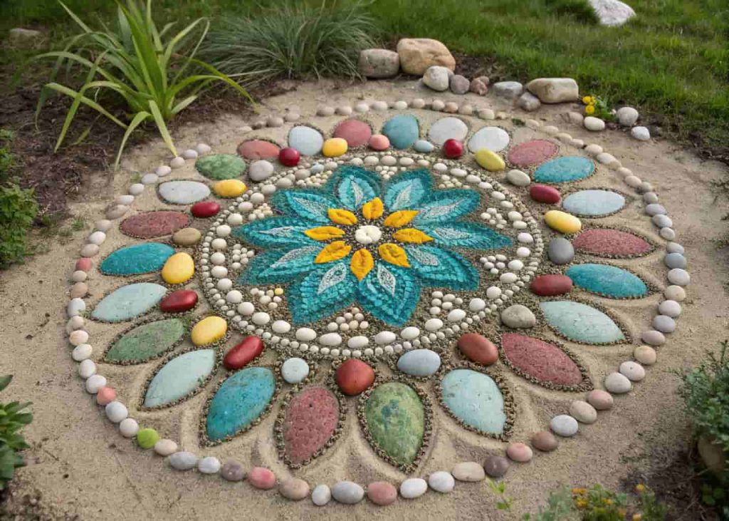 A decorative garden mosaic made from colorful river rocks arranged in a mandala or flower pattern, set into sand, outdoor garden setting, top-down close-up realistic photo