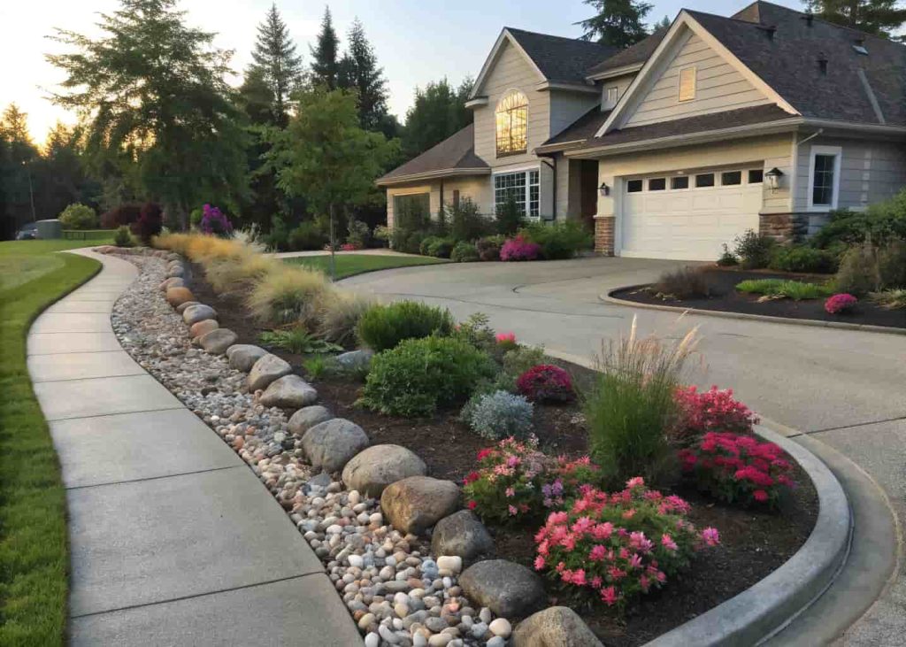 Curved river rock edged flower bed running along a home driveway with low shrubs and flowers planted inside