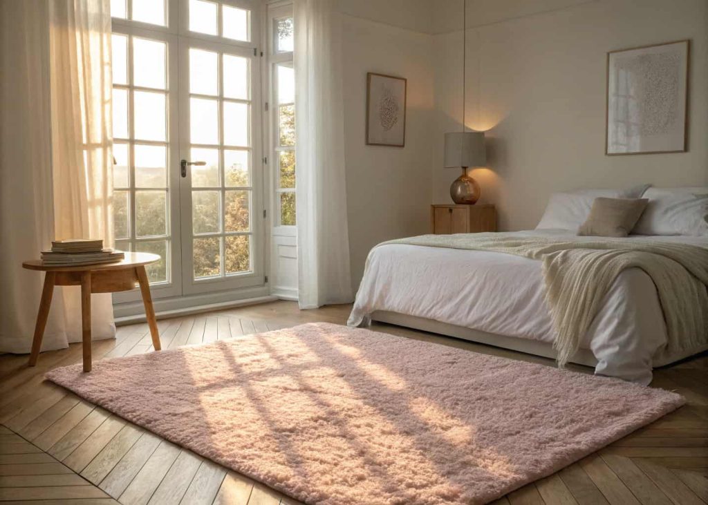 Soft pastel pink shag rug beside a white bed in a cozy minimalist bedroom with warm sunlight