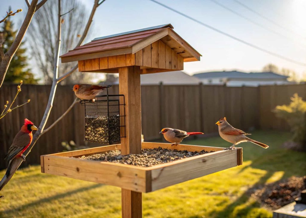 Wooden platform bird feeder on a pole in backyard, various birds eating seeds, sunny day.”